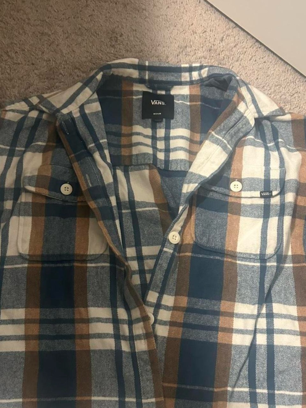 Vans Medium Plaid Flannel Shirt in Blue, Brown & White